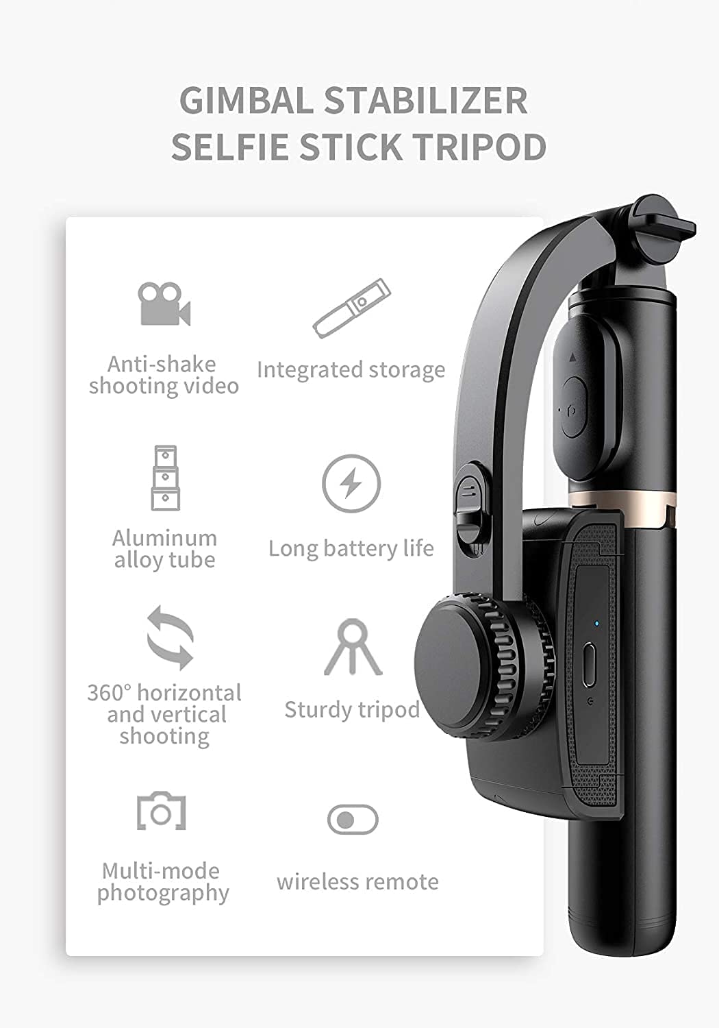 TECHNOVIEW Q08 Mini Gimbal Anti-Shake 1-Axis STABILIZER Extendable Selfie Stick Tripod, Wireless Remote for Smartphone, Black