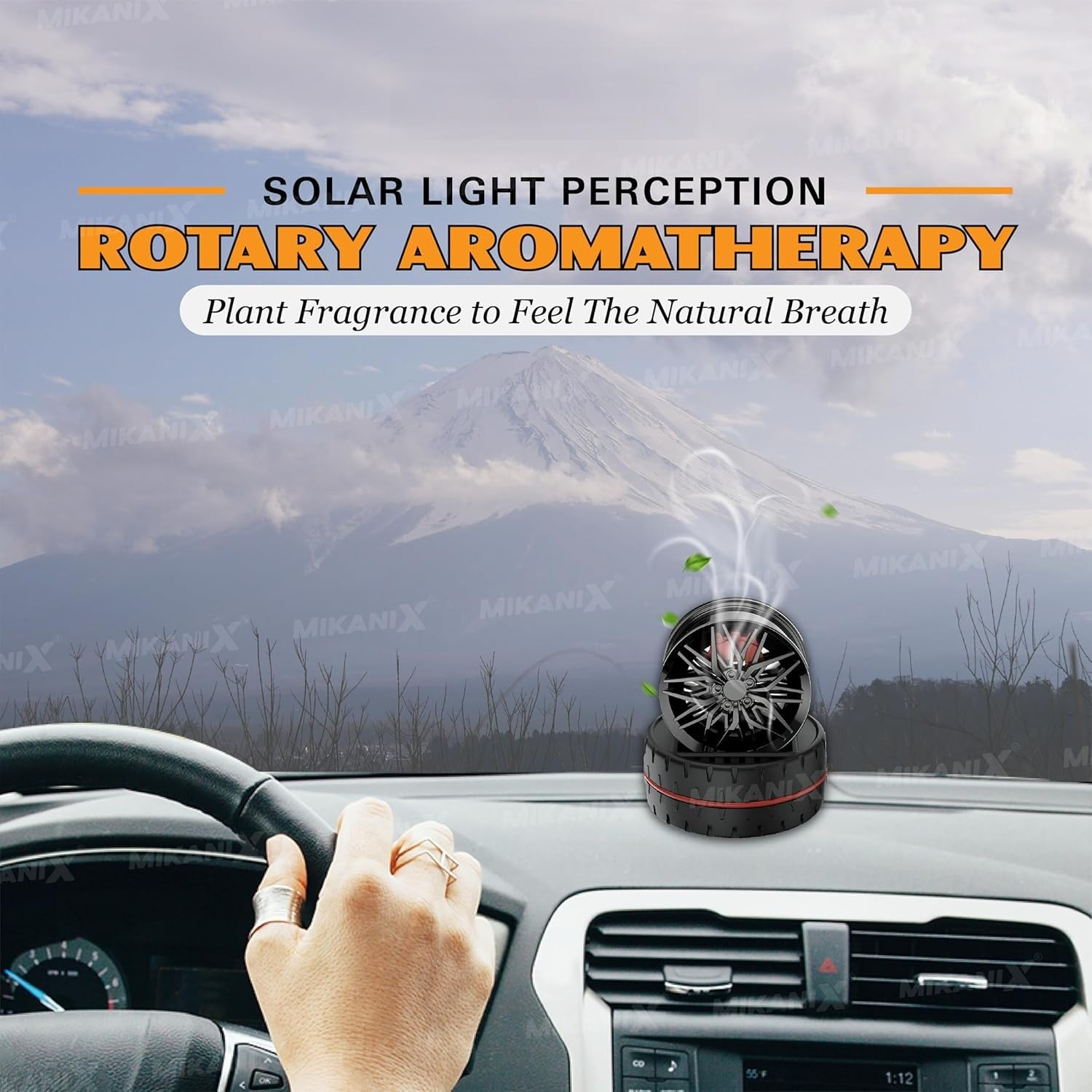 Solar Rotating Car Dashboard Air Freshener/Perfume Diffuser | Metal Body & Alloy Wheel Hub Design with Perfume Liquid for Car Interior Decoration Accessories (Standard)