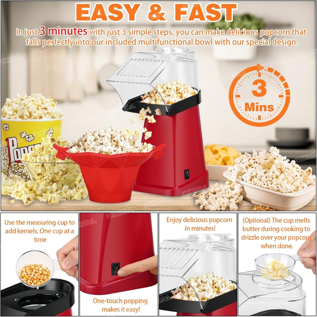 Electric Popcorn Maker Machine with 1200W, No oil needed, Healthy and Delicious Snack for Kids, Adults.Great for Holding Parties in Home